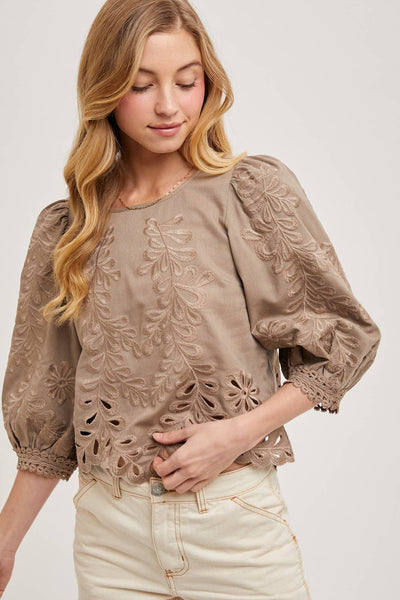 Lace Cutouts Bubble Sleeve Top: Ivory