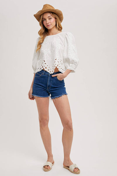 Lace Cutouts Bubble Sleeve Top: Ivory