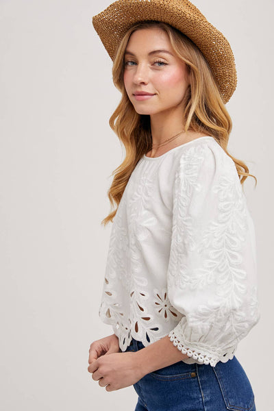 Lace Cutouts Bubble Sleeve Top: Ivory