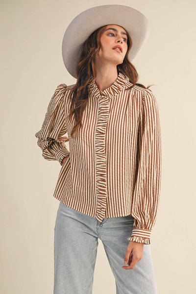 Striped Ruffle Button Down Long Sleeve Top: Pecan Stripe