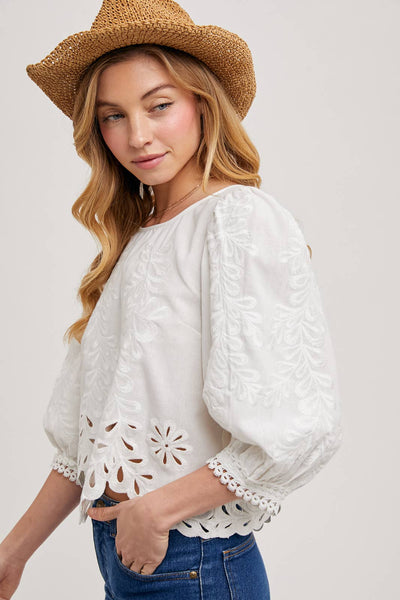Lace Cutouts Bubble Sleeve Top: Ivory