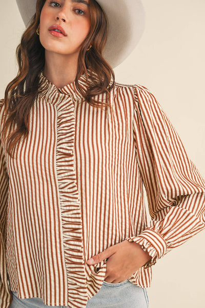 Striped Ruffle Button Down Long Sleeve Top: Pecan Stripe