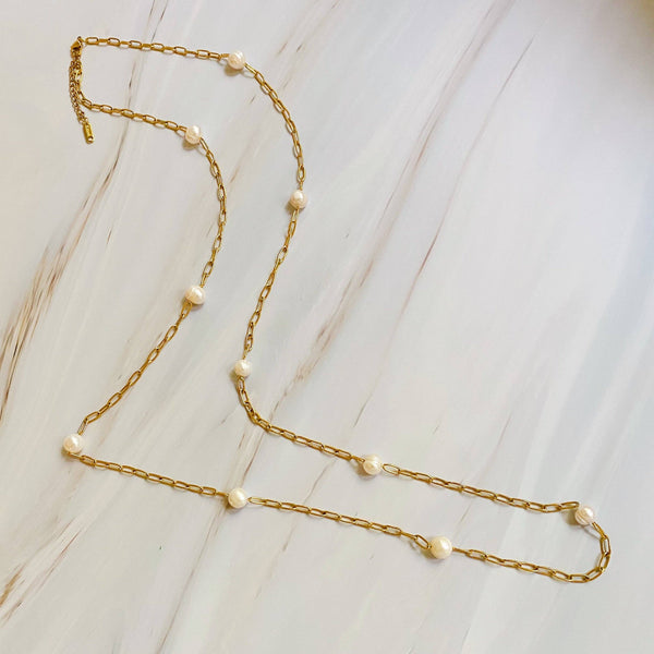 Freshwater Pearl Long Chain Necklace: Dainty Chic