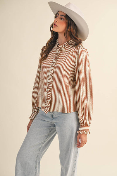 Striped Ruffle Button Down Long Sleeve Top: Pecan Stripe