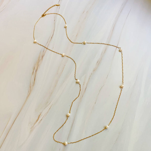 Freshwater Pearl Long Chain Necklace: Dainty Chic