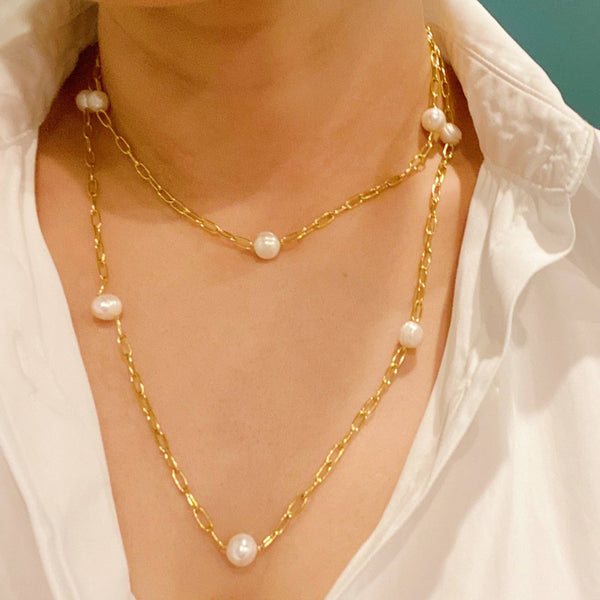 Freshwater Pearl Long Chain Necklace: Dainty Chic