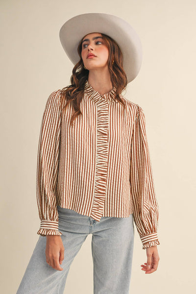Striped Ruffle Button Down Long Sleeve Top: Pecan Stripe