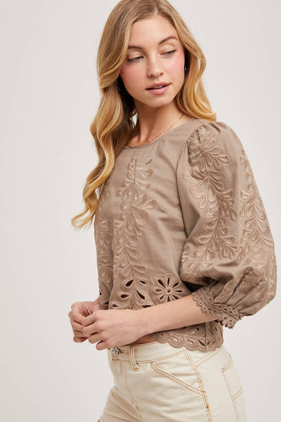 Lace Cutouts Bubble Sleeve Top: Ivory