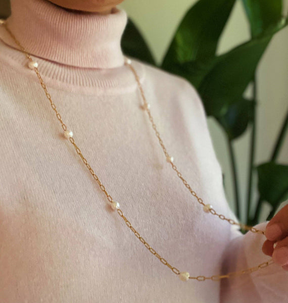 Freshwater Pearl Long Chain Necklace: Dainty Chic