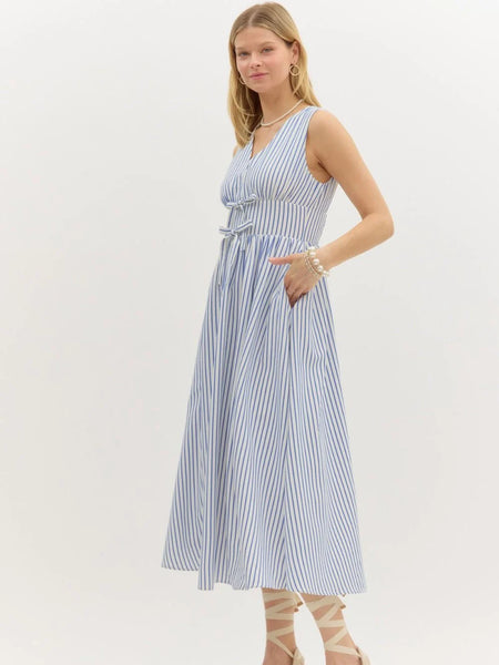Striped Sleeveless Empire Waist Midi Dress - Blue & White