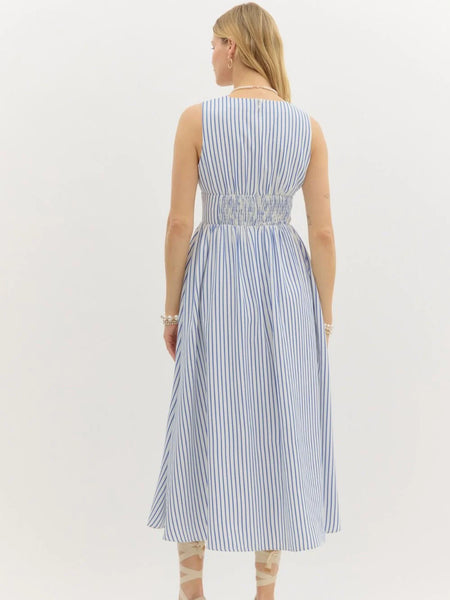 Striped Sleeveless Empire Waist Midi Dress - Blue & White