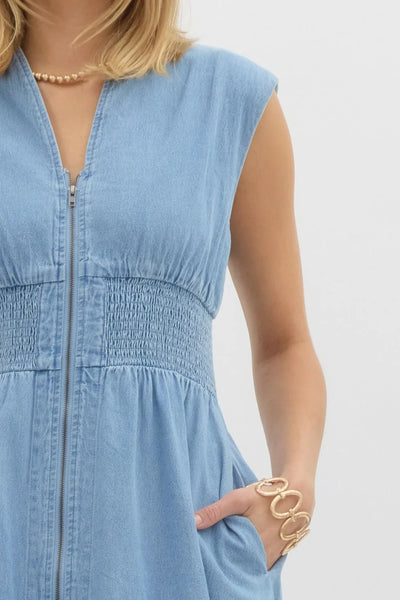 Denim Zip-Up Smocked Waist Midi Dress