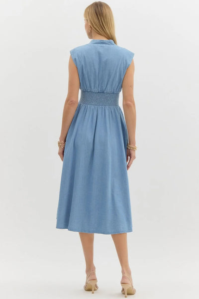 Denim Zip-Up Smocked Waist Midi Dress