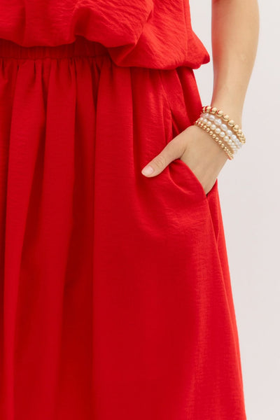 Sleeveless Bubble Hem Blouse & Midi Skirt Set - RED