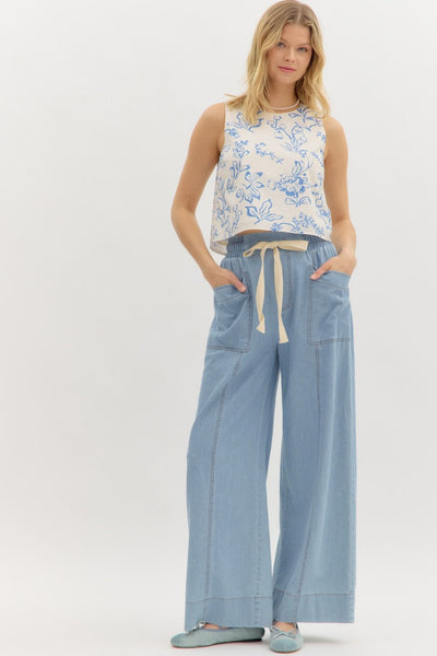 High-Waist Wide-Leg Drawstring Denim Pants