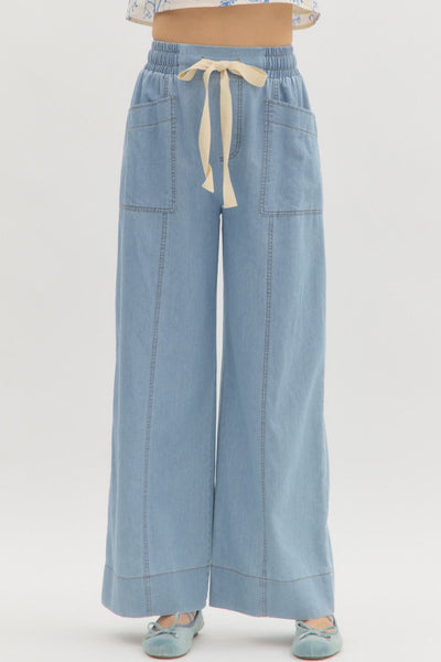 High-Waist Wide-Leg Drawstring Denim Pants