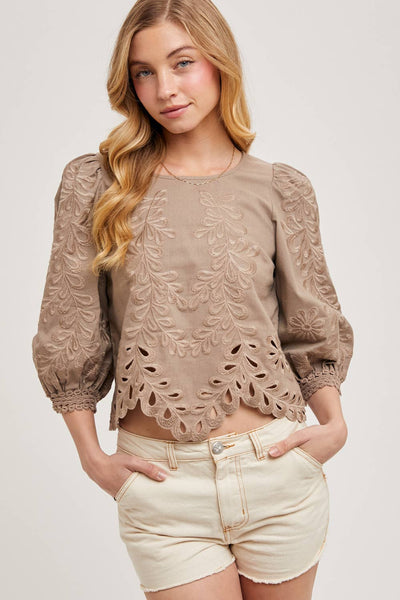 Lace Cutouts Bubble Sleeve Top: Ivory