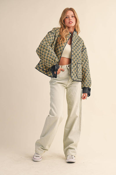 Floral Quilted Jacket with Ribbon Sleeve Detail