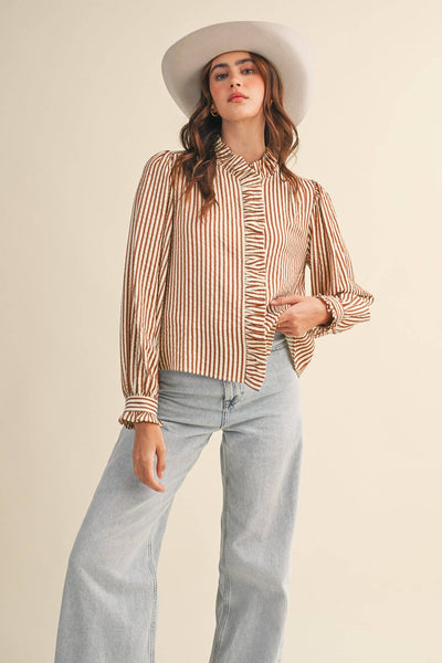Striped Ruffle Button Down Long Sleeve Top: Pecan Stripe