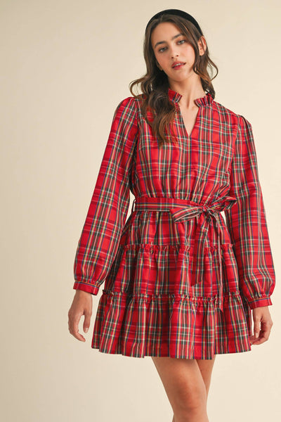 Plaid Mini Dress with Ruffle Trim