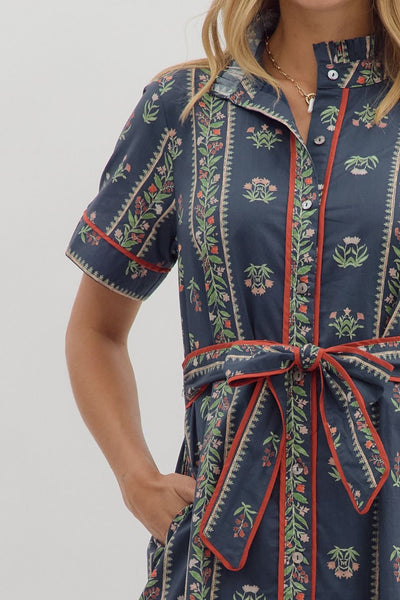 Navy Print Short Sleeve Belted Shirt Dress