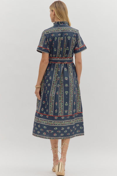 Navy Print Short Sleeve Belted Shirt Dress