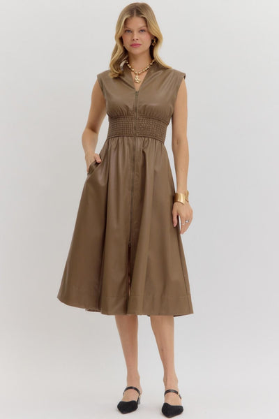 Faux Leather Zip-Up Smocked Waist Midi Dress in Mocha