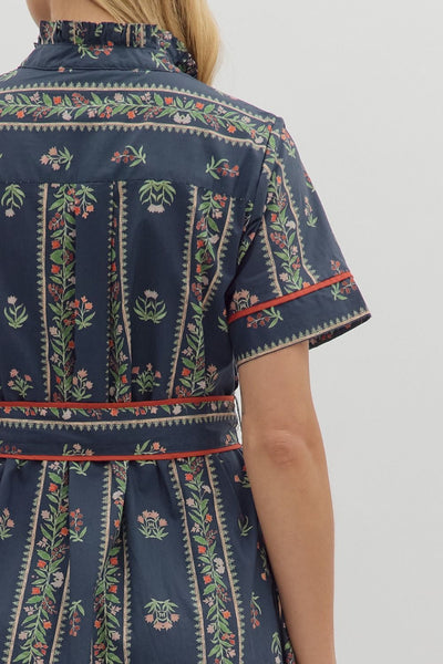 Navy Print Short Sleeve Belted Shirt Dress