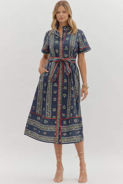 Navy Print Short Sleeve Belted Shirt Dress