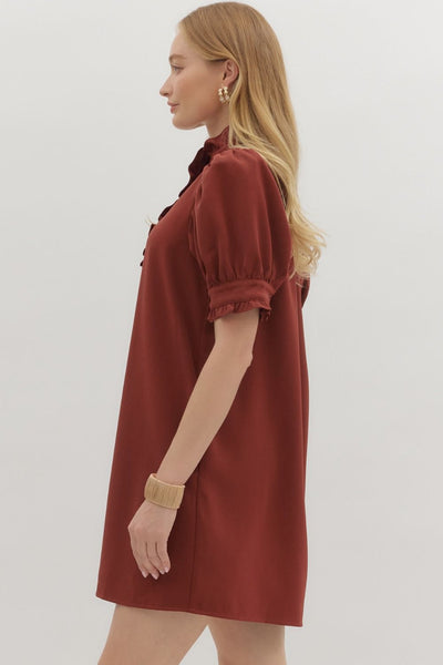 Burgundy Puff Sleeve Ruffle Collar Mini Dress