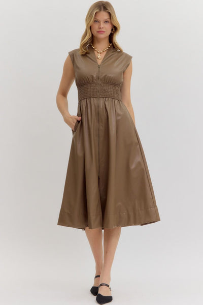 Faux Leather Zip-Up Smocked Waist Midi Dress in Mocha