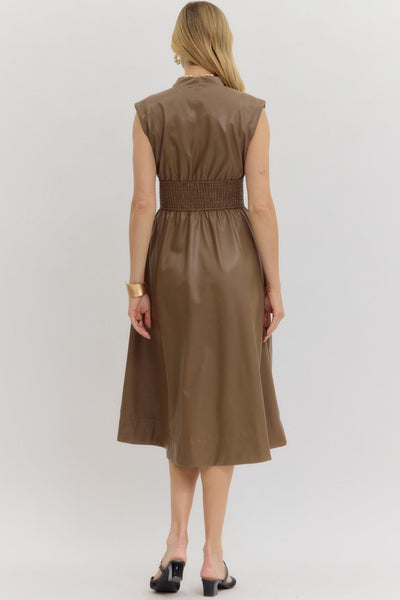 Faux Leather Zip-Up Smocked Waist Midi Dress in Mocha