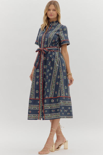 Navy Print Short Sleeve Belted Shirt Dress