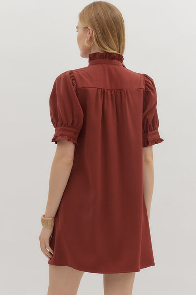 Burgundy Puff Sleeve Ruffle Collar Mini Dress