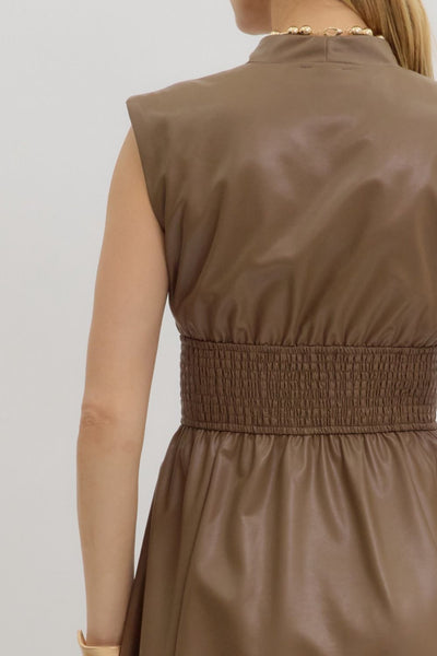 Faux Leather Zip-Up Smocked Waist Midi Dress in Mocha