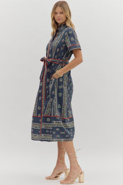Navy Print Short Sleeve Belted Shirt Dress