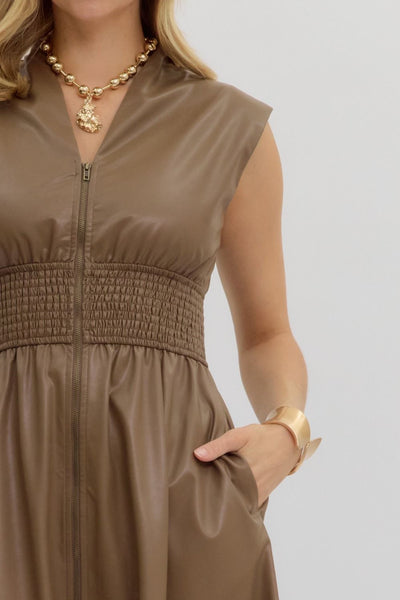 Faux Leather Zip-Up Smocked Waist Midi Dress in Mocha