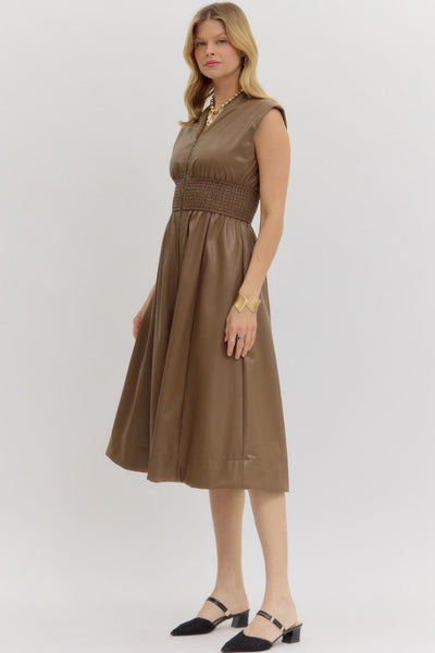 Faux Leather Zip-Up Smocked Waist Midi Dress in Mocha