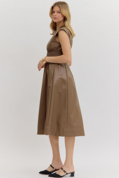 Faux Leather Zip-Up Smocked Waist Midi Dress in Mocha