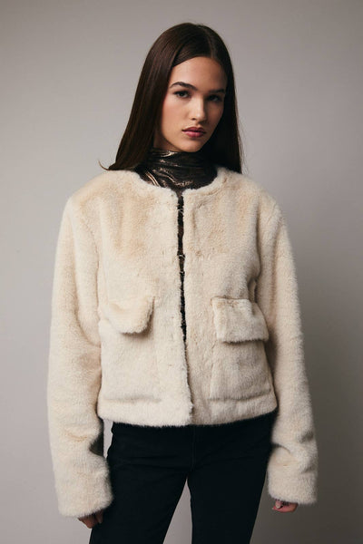 Round Neck Long Sleeve Fur Outerwear: Beige