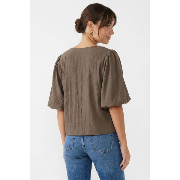 Puff Sleeve Button Up Blouse: Sable / L
