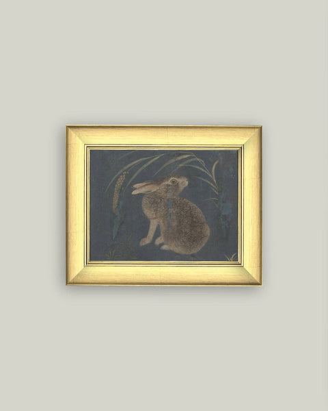 Brown Rabbit on Navy Framed Antique Art: 8x6