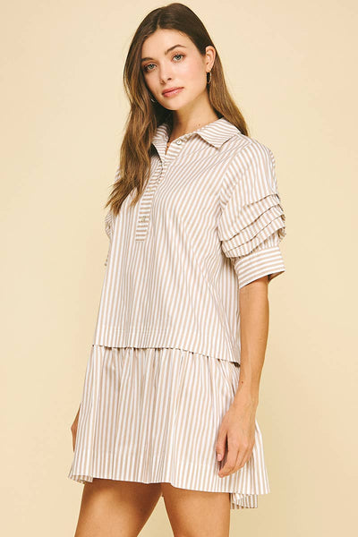Stripe Button Down Mini Dress - Khaki