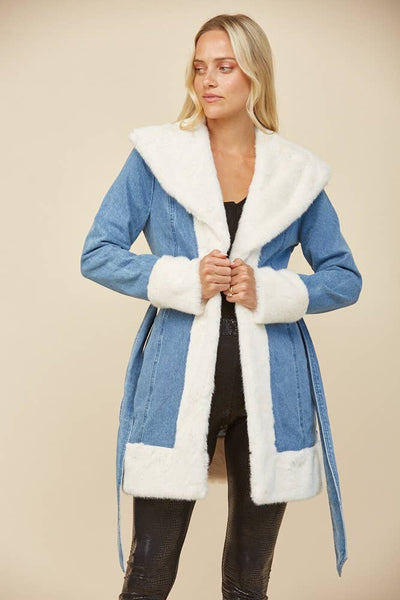 Soft Faux Fur Lined Denim Coat with Sash: Taupe