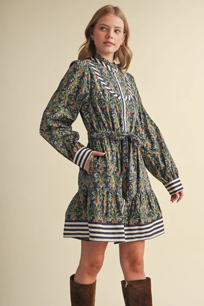 Floral Button Down Belted Mini Dress - Navy Garden