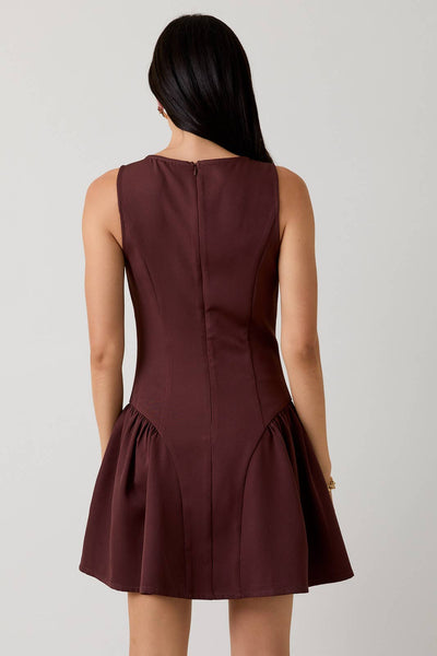 Boat Neck Sleeveless Low Waist Mini Dress: Brown