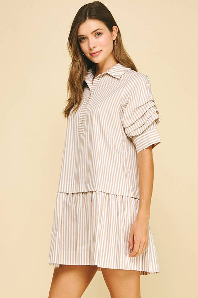 Stripe Button Down Mini Dress - Khaki