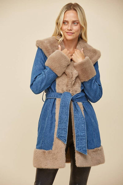 Soft Faux Fur Lined Denim Coat with Sash: Taupe