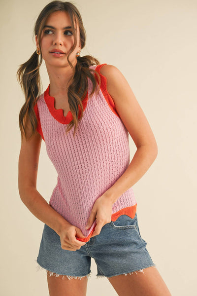 Scalloped Knit Sweater Tank - Blue & Lilac