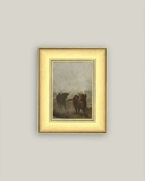 Bulls in a Misty Morning Framed Antique Art: 6x8